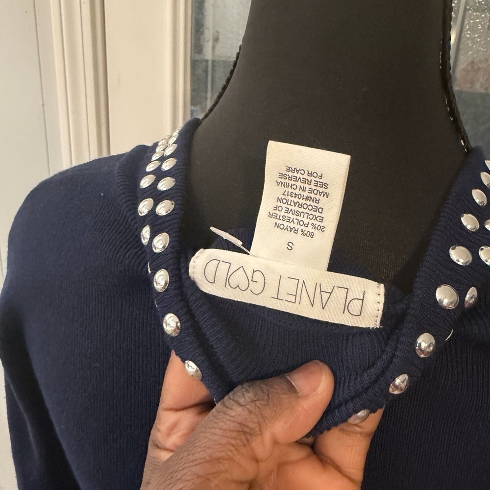 Planet Gold Elegant Navy Dress with Pearl Accents - Picture 5 of 5
